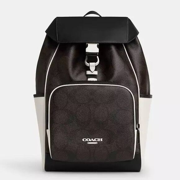 NWT COACH CY775 Racer Backpack Blocked Signature Canvas Leather Walnut Chalk - Picture 7 of 12